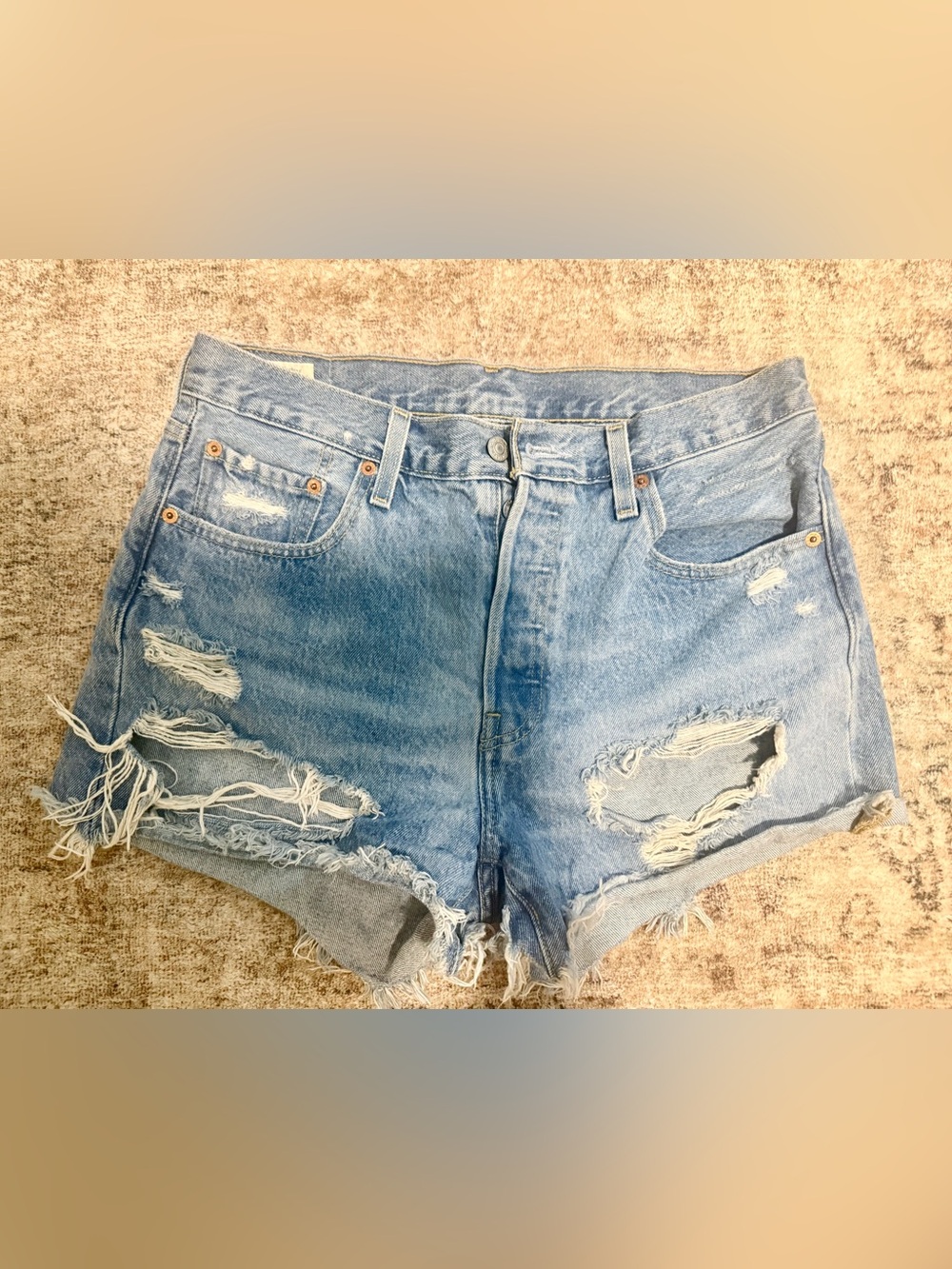 Levi's Light Blue High-Rise Distressed Jean Shorts